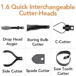 1.6 Quick Interchangeable Cutter-Heads for Smooth Operator 75 Foot Electric Drain Cleaner Machine with various cutting options.