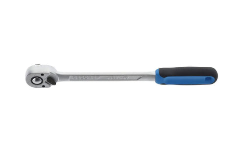 Long Three Hundred Fifty Millimeter Reversible Ratchet One Half Inch Drive with Pro Grade Beefy Torque, Ergonomic Grip, side view