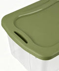 Rock Solid 95 Quart Clear Plastic Storage Bin With Easy Grip Handles For No Sweat Organization And Smooth Transport Legit Extra Large Bulk Storage Container with green lid and handle
