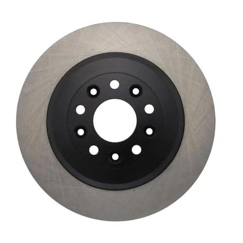 Rear brake rotor, front view: silver disc with black center hub and lug holes.