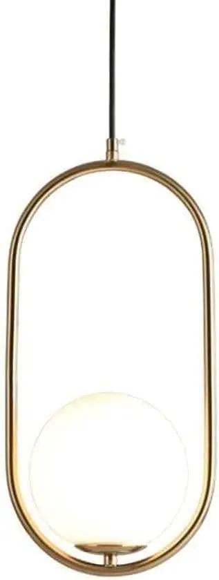 BEQAOR Modern Globe Pendant Light, 1-Light Oval Hoop Hanging Ceiling Fixture with Frosted White Glass Shade and Gold Finish Frame.