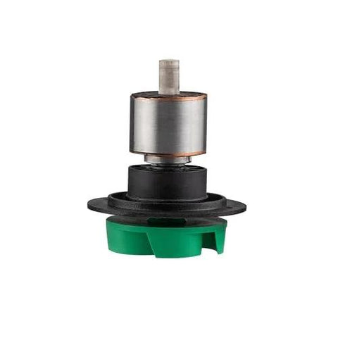 Submersible pond pump impeller assembly with silver motor, black housing, and green base