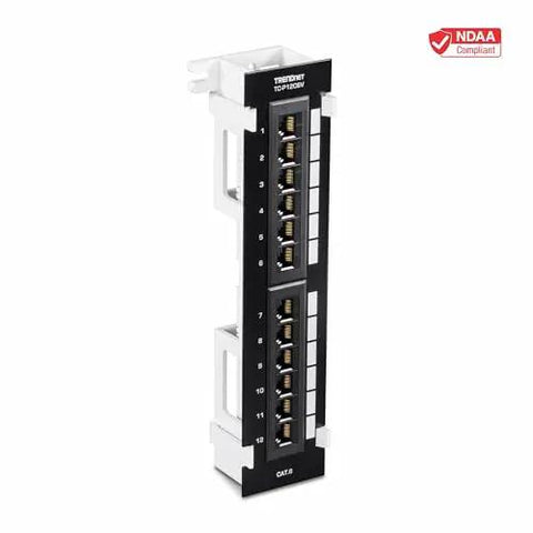 12 Port Cat6 Unshielded Patch Panel Wall Mount With Included 89D Bracket For Vertical Or Horizontal Install, Compatible With Cat5e And Cat6 RJ45 Cabling, 110 IDC Terminal Blocks, Black - front view
