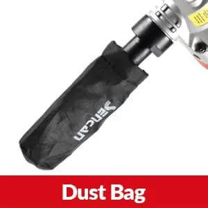 Cordless metal nibbler 16 gauge cutter dust bag accessory attached, showcasing dust collection feature on tool.