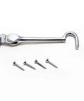 Kick Back On Your Next Project With Top Shelf Heavy Duty 24 Pack Cabinet Hooks And Eyes Hardware Set Featuring Rock Solid 4 Inch Gate And Door Latches Bright Chrome Finish Simple No Sweat Install With Screws Included: Chrome hook and eye latch with four screws.