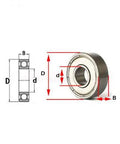 Technical diagram of Miniature Deep Groove Ball Bearing 629ZZ 9x26x8mm showing dimensions and shielded carbon steel design.