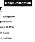 Model description chart for 2 Spool Hydraulic Reversing Valve with Joystick, showing pressure, flow rate, and spool function.