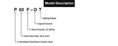Model description chart for 2 Spool Hydraulic Reversing Valve with Joystick, showing pressure, flow rate, and spool function.