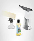 Kärcher WV 1 electric window vacuum with 10-inch squeegee head, plus cleaning solution bottle and sponge scrubber stand