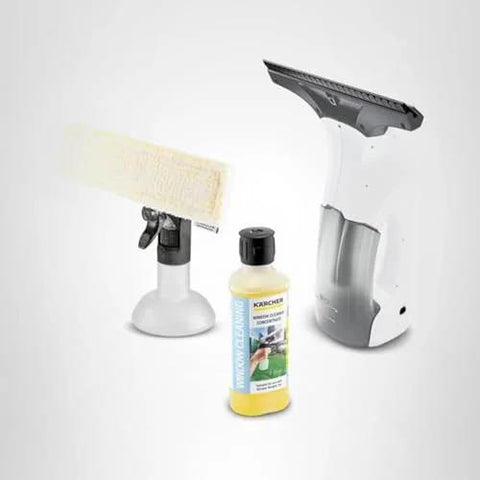 Kärcher WV 1 electric window vacuum with 10-inch squeegee head, plus cleaning solution bottle and sponge scrubber stand