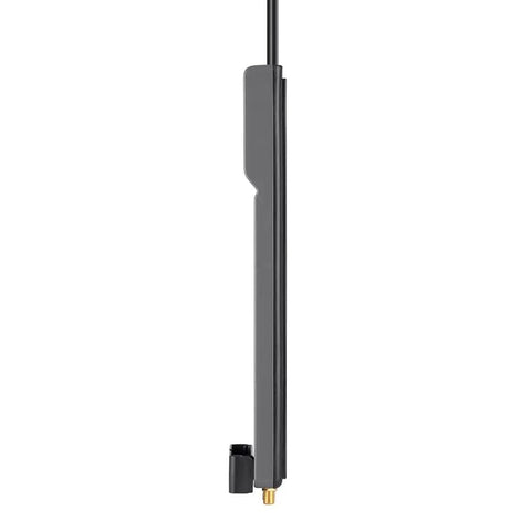 Side view of a black power strip surge protector with 12 outlets and a 10 ft flat plug, suitable for home office use.