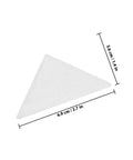 25 White Adhesive Collar Stays Disposable PVC Shirt Fixes Ditch The Droop With These Business Ready Collar Guards Keep Your Fit Fresh For Any Occasion Easy One Time Use Triangular Shape For Snug Hold, showing a single white triangular collar stay with dimensions.