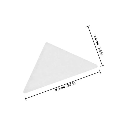 25 White Adhesive Collar Stays Disposable PVC Shirt Fixes Ditch The Droop With These Business Ready Collar Guards Keep Your Fit Fresh For Any Occasion Easy One Time Use Triangular Shape For Snug Hold, showing a single white triangular collar stay with dimensions.