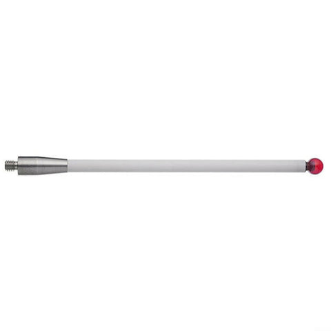 CMM touch probe stylus side view with 6 mm ball, M4 threaded end, white shaft, red ball tip, 100 mm long