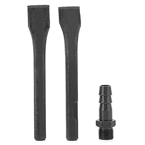 Heavy Duty Pneumatic Air Chisel And Industrial Hammer Tool Rips Clean Through Weld Slag Concrete Breakup Stone Masonry Sand Casting Prep And Solder Scar Correction Built Sick Strong For Rough Shop Assignments with two chisel bits and one connector.