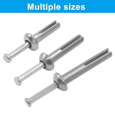 Zinc Alloy Hammer Drive Anchors Quarter Inch By One And A Half Inch Rust Proof Integrated Design For Easy Installation 50 Per Box Ideal For Concrete And Brick Wall Fixing On Indoor And Outdoor Projects, displayed in multiple sizes.