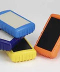 Knockout Pack Of Three Black Abs Project Boxes For Diy Electronics And Circuit Prototyping Featuring Smooth Flush Tops No Sweat Snap Battery Doors And Compact Hand Held Fit For Stress Free Builds And Sweet Setups. Multi-colored project boxes stacked for electronics.