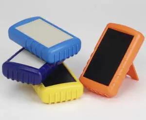 Knockout Pack Of Three Black Abs Project Boxes For Diy Electronics And Circuit Prototyping Featuring Smooth Flush Tops No Sweat Snap Battery Doors And Compact Hand Held Fit For Stress Free Builds And Sweet Setups. Multi-colored project boxes stacked for electronics.