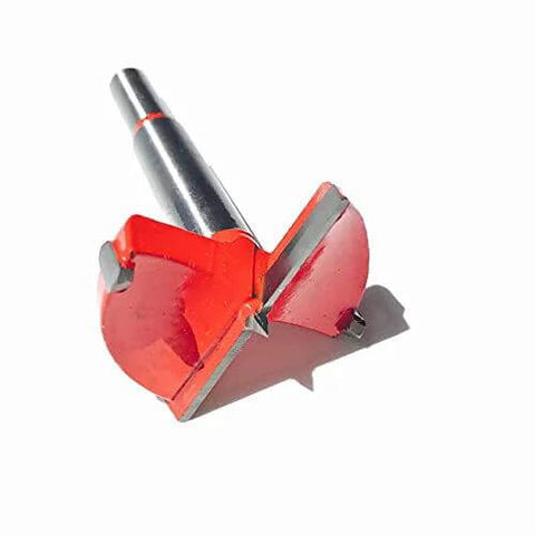 Hole saw drill bit, red carbide-tipped with round shank, 53mm diameter for wood/plastic.