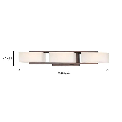 Facet 25.25 Inch 3 Light Bathroom Vanity Fixture In Tuscana Finish With White Opal Glass Damp Rated Steel Construction G9 Bulbs Included