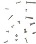 Stainless Steel Silver Micro Screws Set for Glasses and Watches, Metric Tiny Screws M1.2 M1.4 M2.0 scattered on white background.