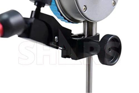 Side view of Shars magnetic base indicator holder with dial indicator; black base, blue adjustment wheel, metal post