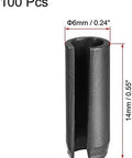 Close-up view of Slotted Spring Pin Kit 6mm By 14mm Plain Finish 65Mn Roll Pins Assortment Pack for small machine projects, 100 pieces.