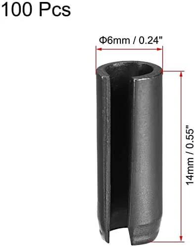Close-up view of Slotted Spring Pin Kit 6mm By 14mm Plain Finish 65Mn Roll Pins Assortment Pack for small machine projects, 100 pieces.