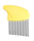 Front view of yellow plastic-handled crinkle cutter with stainless steel blade for vegetables.