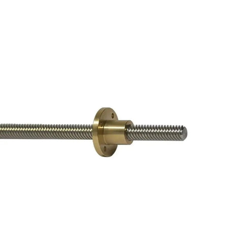 Bulletproof 304 Stainless Steel T10 Lead Screw With Heavy Duty Brass Nut 900mm Long 16mm Pitch side view of lead screw assembly