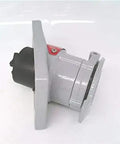 Solid Heavy Duty Industrial Pin Receptacle 3 Pole 20 Amp 250 Volt Ac With Three Quarter Inch Feed Thru Hub Cover Assembly, side view.