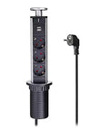 Slick Retractable Table Socket With Dual USB Ports And Six Standard Outlets Smooth Glide Design For Office Desks And Kitchen Countertops, close-up view with three outlets and USB.