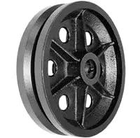 Heavy Duty Cast Iron V Groove Wheel Eight By Two Inch Wide Rail Carrier For Inverted Angle Iron Track Built Rock Solid showing v grooves.