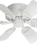 Medallion Collection 30 Inch Six Blade Hugger Ceiling Fan In Studio White With Damp Rating, viewed from below.