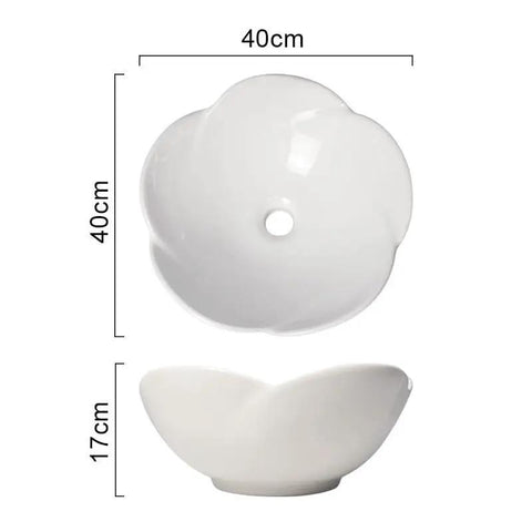Bathroom Sink Ceramic Vessel Sink Bathroom Creative Petal Ceramic Counter Basin Modern Simple White Wash Basin, top view with dimensions.
