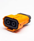 Heavy Duty High Voltage Safety Lock Connector 2 Pin 150 Amp EV Battery Plug IP67 Waterproof Industrial Grade Touch Proof Male Plug For Electric Vehicles front view with orange casing.