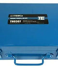 Blue case for Square 92mm By 92mm 1/4 DIN Panel Meter Punch Die Set With Draw Studs And Spacers, heavy duty, Greenlee compatible.