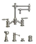 Top Notch Matte White Bridge Kitchen Faucet Featuring A Twelve Inch Articulated Spout And Ridiculously Smooth Lever Handles As Part Of A Complete Bathroom Hardware Suite.