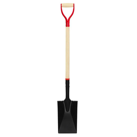Heavy Duty Spade Shovel With Wooden D Handle For Digging And Edging Square Flat Garden Shovel 45 Inch Lawn Tool standing upright
