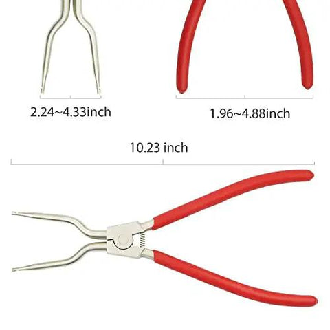 Kick Ass Washing Machine Spring Removal Tool For Inner And Outer Basin Expansion Replacement Part Compatible With LG And Samsung Appliances Rock Solid All Steel Galvanized Body Built In Spring 10.23 inch pliers with red non-slip handles and varying tip sizes.
