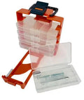 On The Go 8 Inch Portable Parts Organizer With 5 Removable Compartments, open view showing plastic compartments with tools inside
