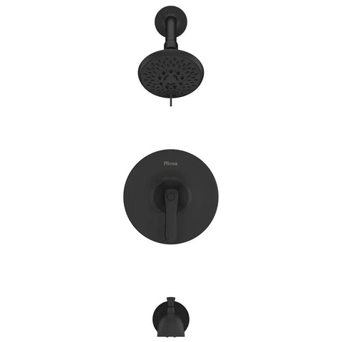 Single Handle Matte Black Shower Faucet Set with 5 Mode Multi Function Shower Head and Quick Connect Tub Spout, front view.