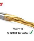 Side view of industrial tin-coated HSS drill bit, 1/2 in diameter, 2-1/2 in length, 1/2 in shank.