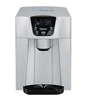 Portable Countertop Ice Maker with Water Dispenser Silver Automatic Unit Generates 33lbs Fast Ice 24 Hrs front view with control panel.