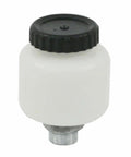 Brake reservoir Type 2 style, white plastic with black cap and threaded metal fitting