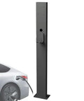 Heavy Duty Outdoor EV Charger Pedestal Built Tough For Your Ride Freestanding Charging Station Stand Straight Up with vehicle plugged in.