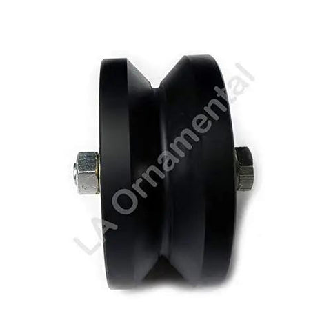 Heavy Duty Four Inch Uhmw Nylon V Groove Rolling Wheel Built Tough For Smooth Sailing Performance Featuring Sealed Ball Bearings And Zero Hassle Sliding Gate Motion Rated At Seven Hundred Fifty Pounds Capacity Set Of Two, side view.