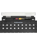 Milescraft CabinetMate shelf pin drilling jig in black plastic case.