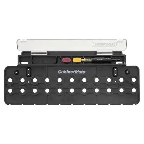Milescraft CabinetMate shelf pin drilling jig in black plastic case.
