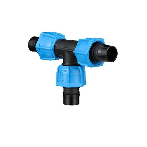 Watts ANKA poly-pipe tee fitting, 1x1x1 in, blue taper nuts on black glass-fiber reinforced nylon irrigation fitting